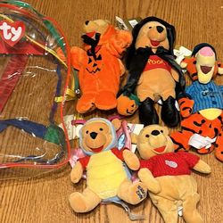 Disney Store Winnie The Pooh w/Candy,Mini Bean Bag Witch,Red Sweater,Flower Power Butterfly,baseball Tigger and also ty plastic bag