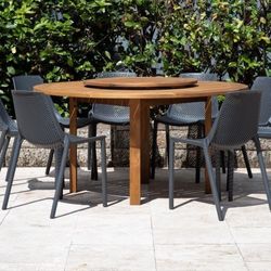 BRAND NEW 7 Piece 100% FSC Solid Hardwood Dining Set Lazy Susan Table With Grey Chairs | Ideal Set For Outdoor