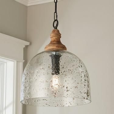 Bozeman Pendant Light/Lamp   Gunmetal / Light Wood / Seedy Glass