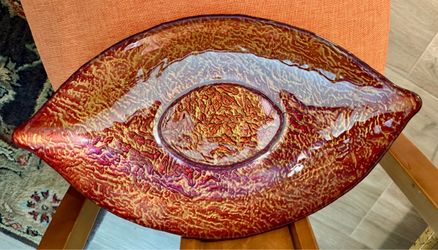 MCM 24K Gold Leaf Textured Glass Eye Shaped Ornate Console Bowl 17.5" L