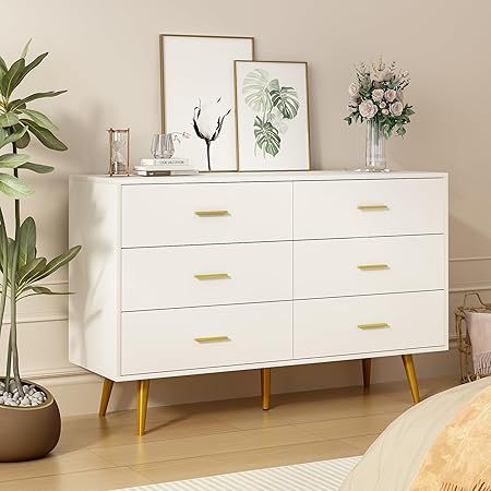 White Dresser for Bedroom, 6 Drawer Wood Dresser with Golden Handles, Modern Dressers & Chests of S