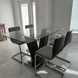 Glass High Table & 4 Upholstered Barstools