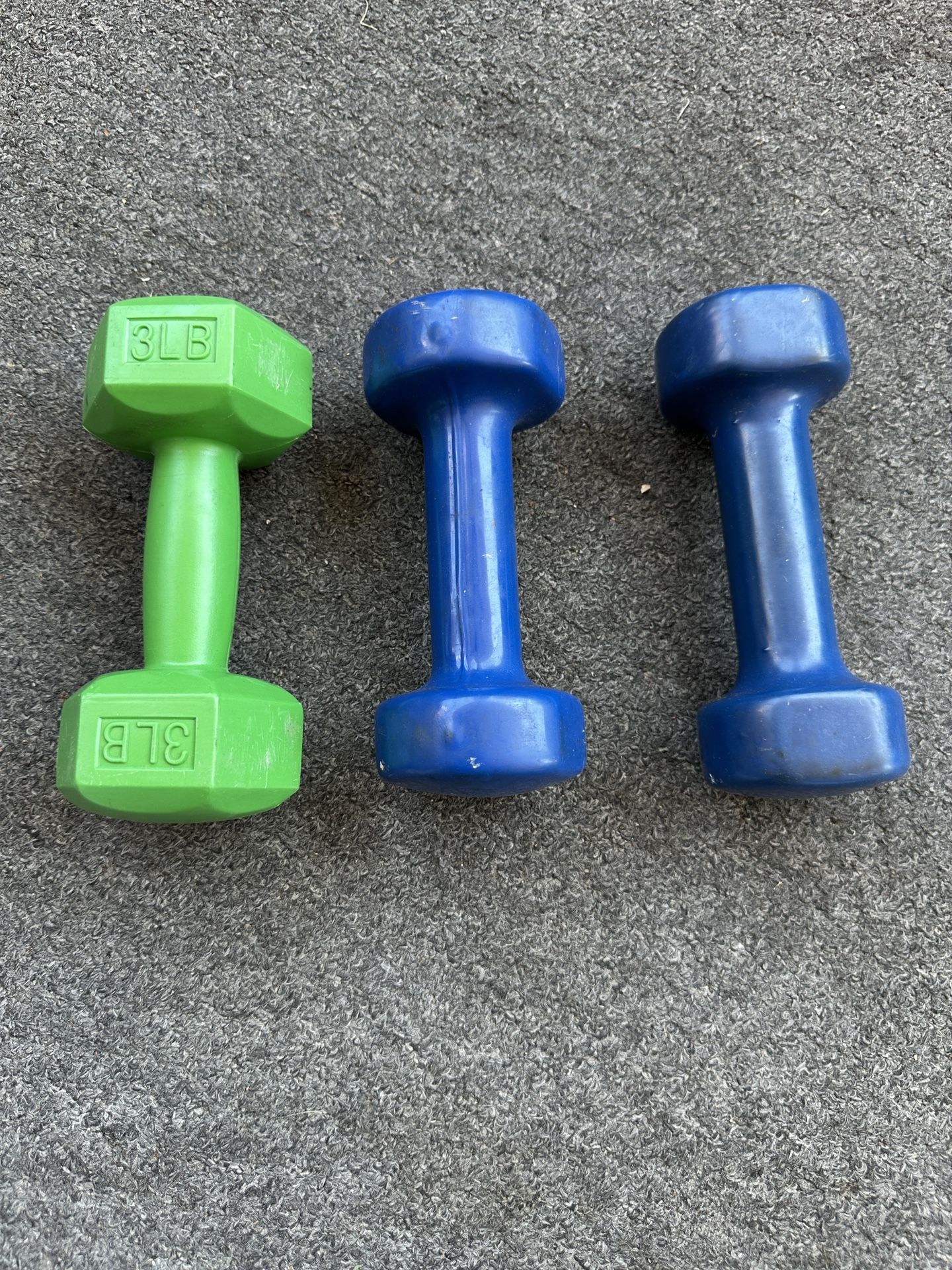Dumbbells: Green is 3lb. Blues are 5lbs each. Trades welcome
