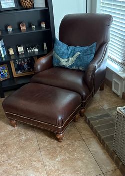 Ethan Allen Brown Leather Armchair with Ottoman