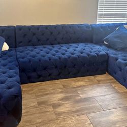 Blue Velvet Tufted Sectional Couch 