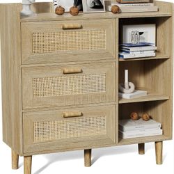 Storage Cabinet Buffet Sideboard Dresser with 3 Rattan Drawers Accent Cabinet with Adjustable Shelf for Living Room Dining Room Hallway Entryway (Natu