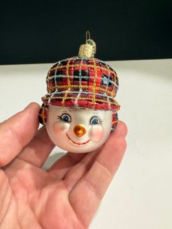 Old World Christmas Vintage 2003 Glass Snowman Hunter Plaid Hat Ornament