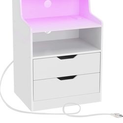 Nightstand with Charging Station and LED Lights, 2 AC and USB Power Outlets, Night Stand with 2 Drawers and Storage Shelves, Bedside Table for Bedroom