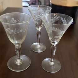 vintage etched cordial glasses - set of 3