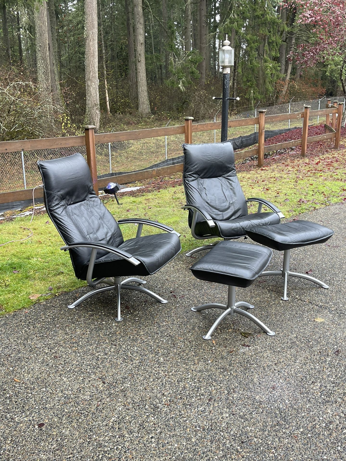 Mid Century Modern Vintage Danish Kebe Black Leather Recliner And Ottoman(pair)