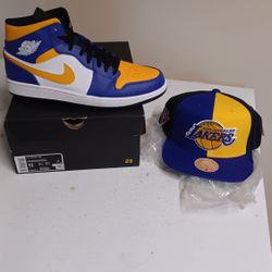 JORDAN 1 MID  ( LAKERS 2022 ) size 11 ,, Mitchell  and Ness  snapback hat included 