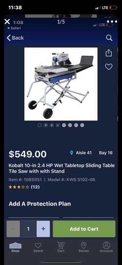 Kobalt 10-in Wet/Dry Tabletop Sliding Table Tile Saw with Stand