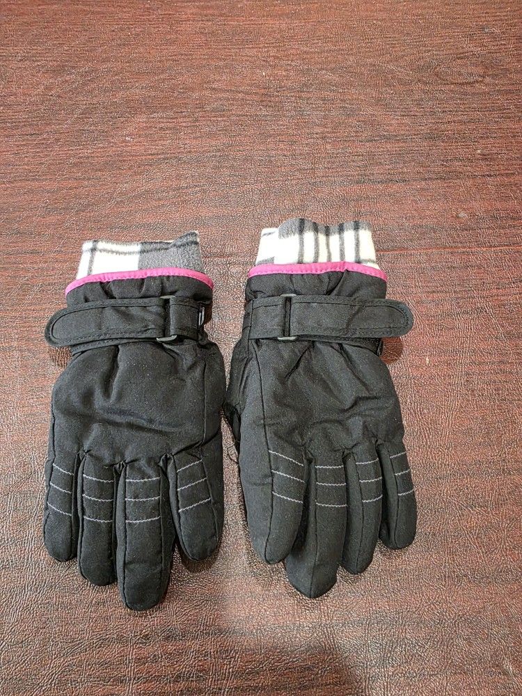 Girls Waterproof Ski Gloves 4/7 Black Pink Stripes Warm Winter Snow