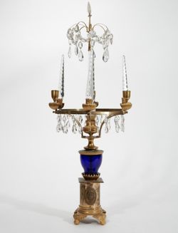 Baltic Neoclassical gilt bronze, clear and cobalt glass three light candelabrum