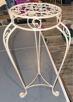 Wrought Iron Plant Stand – Ornate Scrollwork, Distressed White