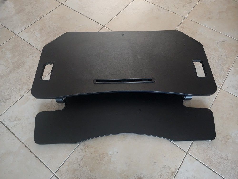 Adjustable Sit to Stand Riser, Dual Monitor and Laptop Workstation with Wide Keyboard Tray