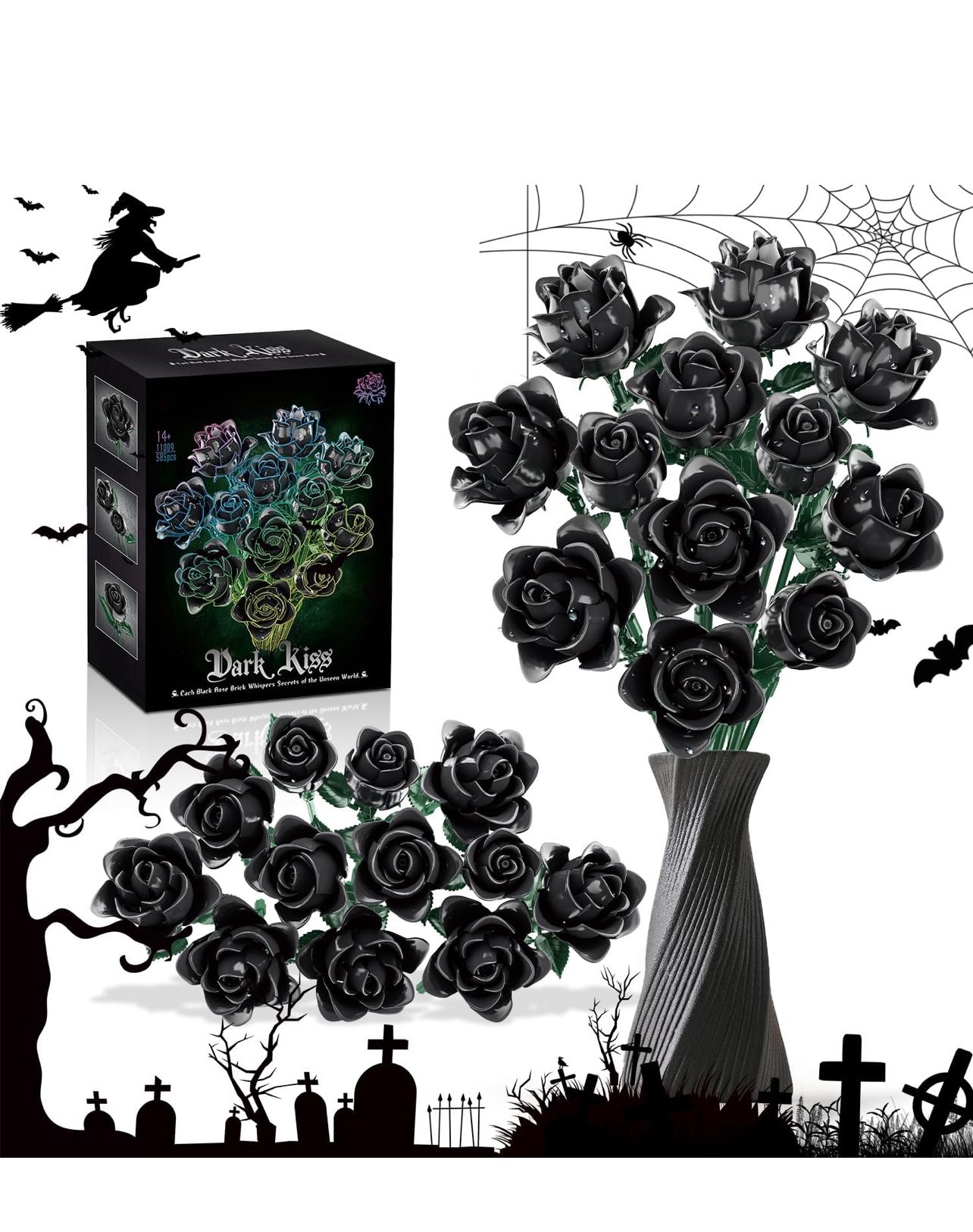 New-Black Roses Flower Building Set-12Pack, Compatible with Lego Bouquet for Adults,Gothic Horror Flowers Botanical, Gift for Halloween & Valentines C