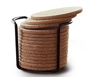 NEW! Natural Cork Coasters With Round Edge 4” 16pc Set with Metal Holder Storage Caddy – 1/5” Thick, Absorbent, Eco-Friendly, Heat-Resistant,