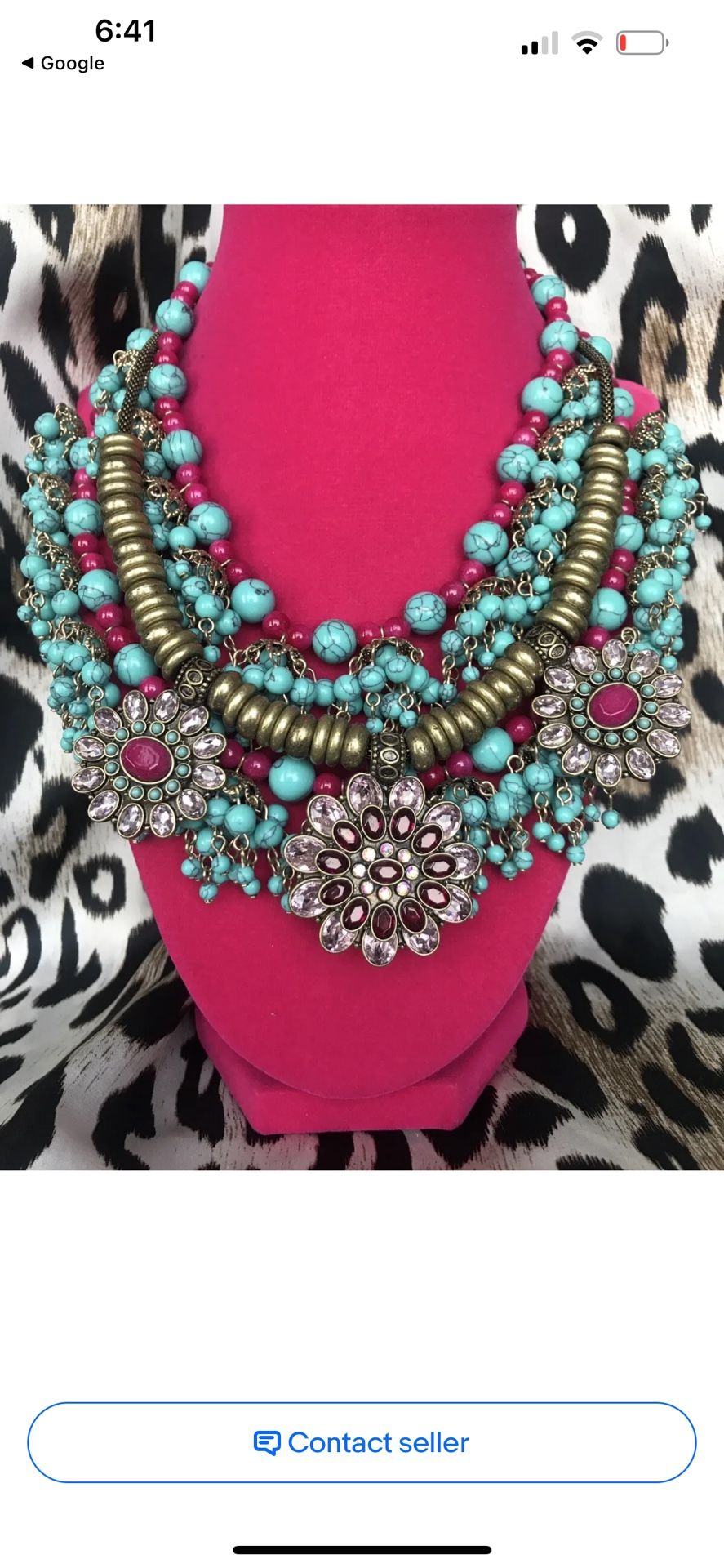 Betsey Johnson Boho Betsey Turquoise Bead Fuchsia Crystal Flower Necklace