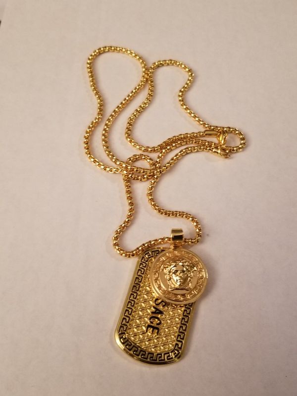 Versace Medusa Gold Plated Dog Tag Franco Chain Necklace For In Versace Medusa Gold Plated Dog Tag Franco Chain Necklace
