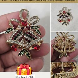 Monet Vintage Christmas Bells Rhinestone Brooch Pin Gold Red Green Enamel Holly