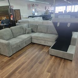 New 4pc Storage Sleeper Sectional In Fog Corduroy 