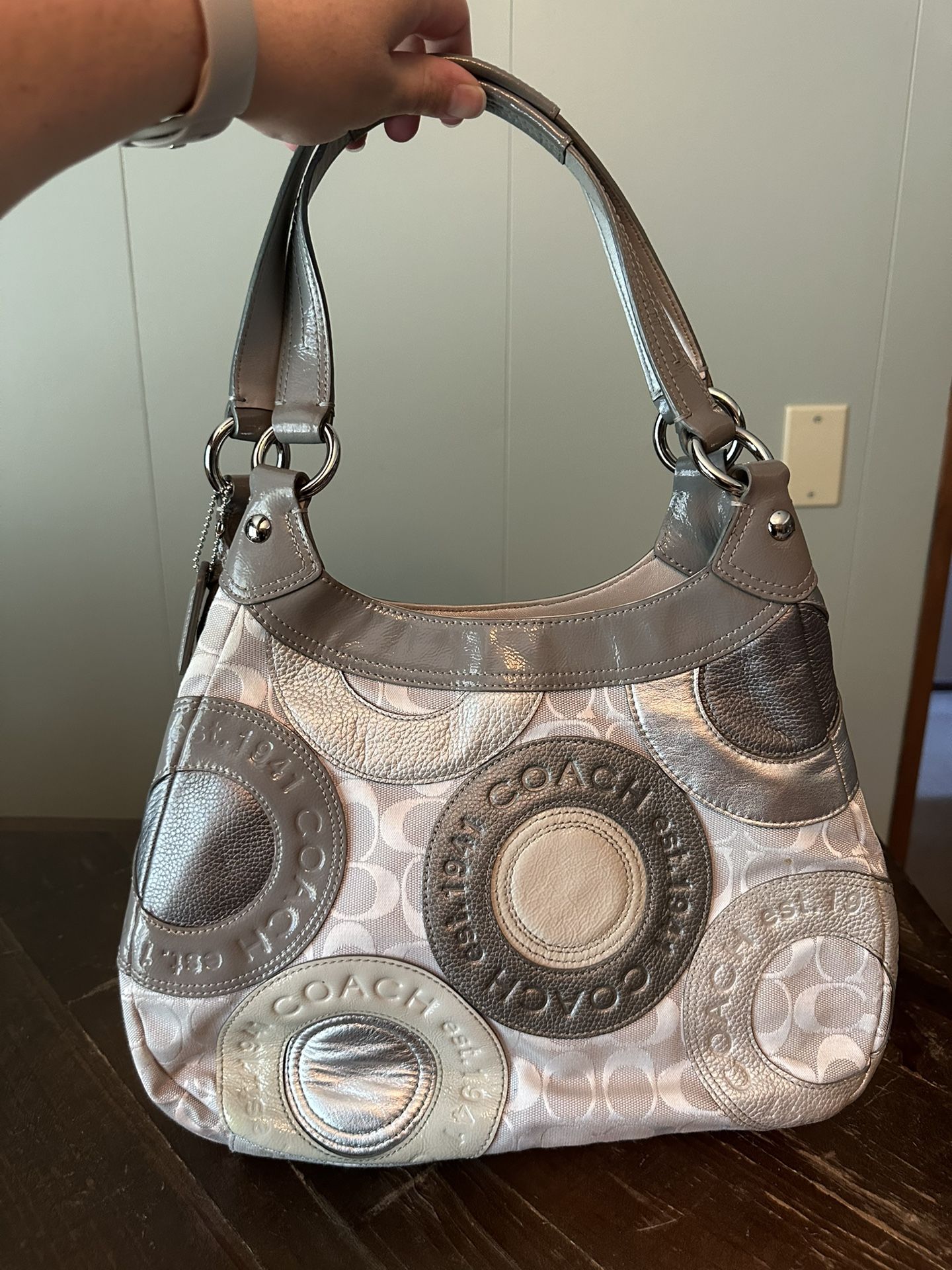 Coach Circle Patchwork Madison Phoebe Handbag Gray Patent & Sateen Leather Tote