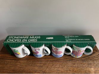 Vintage 1986 Action Industries Flamingo Stoneware Mugs - Set of 4