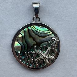 Sterling Silver Marked 925 Round Abalone Starfish And Seahorse Pendant