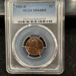 1981 D Gem Uncirculated Lincoln Penny Graded At MS64 Bright Red 4-9