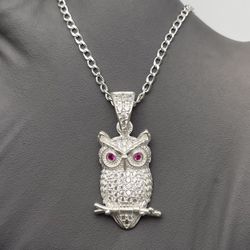 Solid 925 Sterling Silver Red-Eyed CZ Owl Pendant with 20in Curb Chain