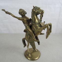 African Female Tribal Warrior On Horseback Folk Art Brass Statue 9 5/8" Tall


