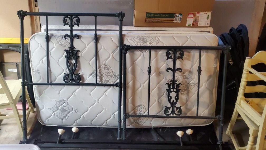 Antique Cast Iron Bed Frame with Matress and Boxspring.