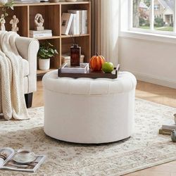 25" Round Ottoman with Hidden Storage, Ottoman Foot Rest & Storage Stool for Blanket, Chenille Fabric Foot Rest for Couch, Bedroom, Living Room, Corne