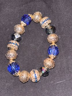 Gold-Tone and Blue Beaded Stretch Bracelet