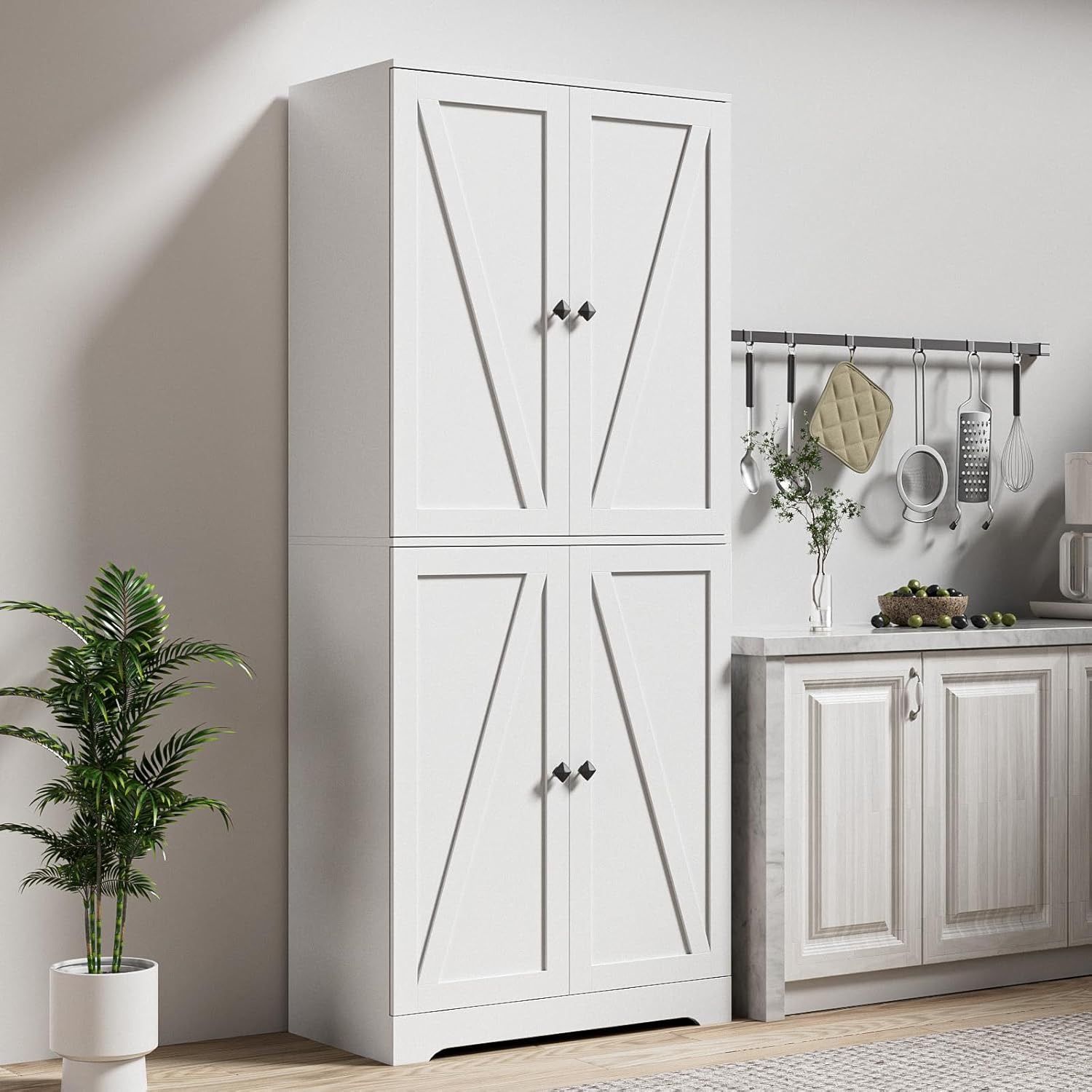 Farmhouse Storage Cabinet, Kitchen Pantry Cabinet with 4 Barn Doors, Tall White Storage Cabinets with Adjustable Shelves for Kitchen, White