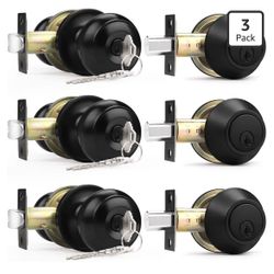 Black Door Knobs Lock and Single Cylinder Deadbolt 3pk set - Keyed Alike (9 keys total) Juego De Chapas 