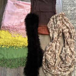 6 Pieces 4 Pashminas / Shawl, One Black Faux Fur Wrap, I New York & Company Scarf. All In Excellent Condition.  $15 For All 