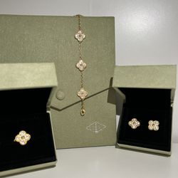 Luxury Set ☘️✨ Clover Bracelet Clover Earrings Clover Ring With Diamonds 💎 