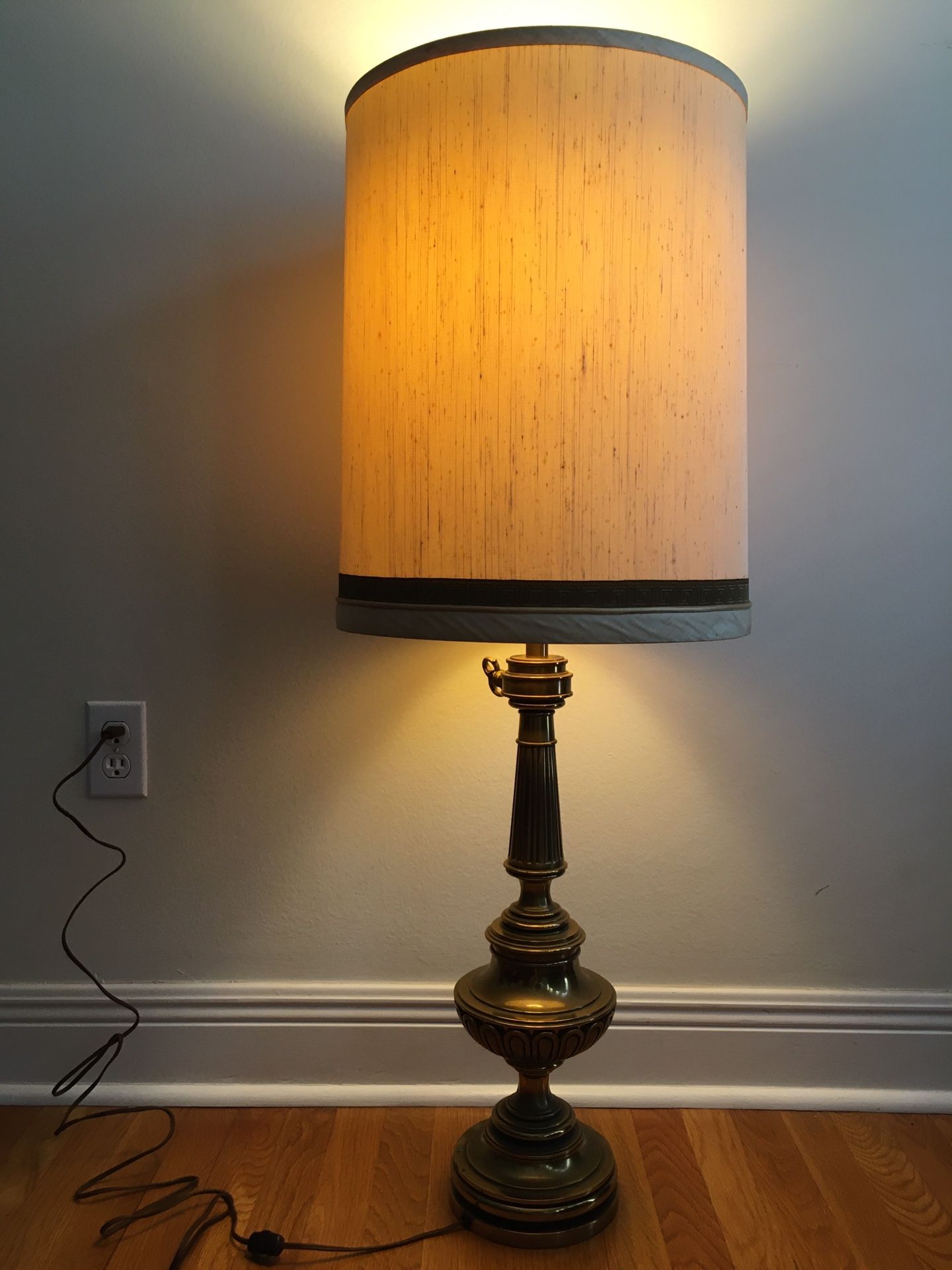 Vintage Steiffel brass lamp with glass shade and 3-way control. 39” tall; with shade 41 5/8” tall; shade has a few age spots