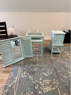 Costal Set, Mirror, nesting tables, cabinet, and lamp