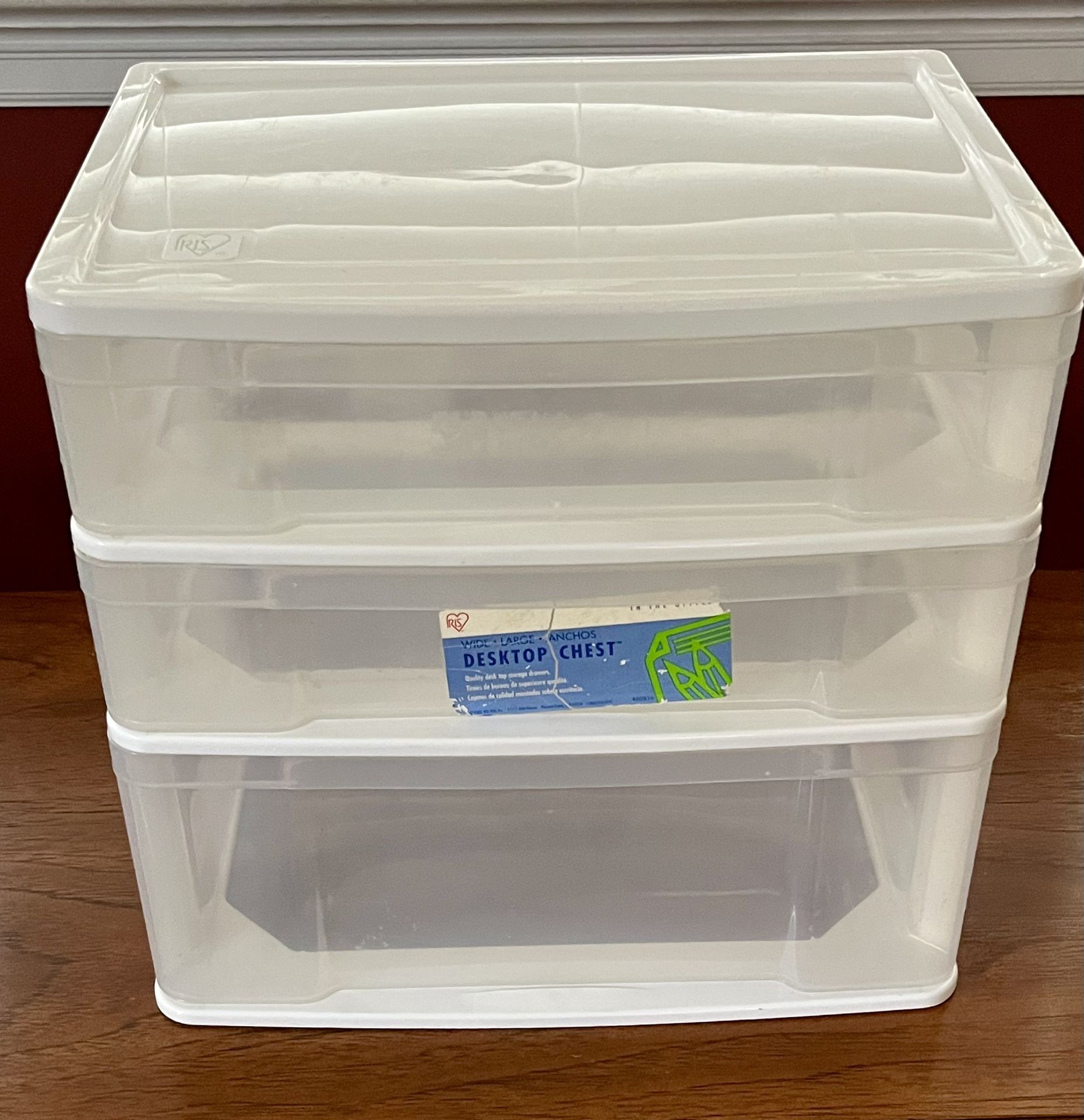 IRIS Desktop Storage Chest,3 storage drawers . Approximate dimensions : 13”H x 13”W x 9 5/8” D