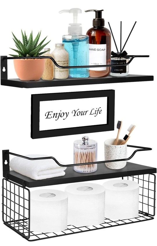 Floating Shelves, Bathroom Shelves with Metal Guardrail Shelves for Wall Decor Set of 3, Rustic Wood Wall Shelves
