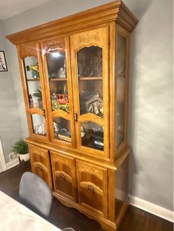 Oak Wood China Cabinet with Glass Doors