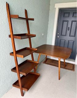Mid Century Modern Wood Ladder Bookshelf & Matching Table Set