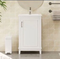 NEW White 20 Inch Modern Small Bathroom Vanity Cabinet With Ceramic Sink, Ample Storage, 1 Soft-Close Door