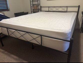 Queen size Metal bed frame and mattress topper