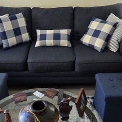 Blue Sofa W 2 Ottomans 