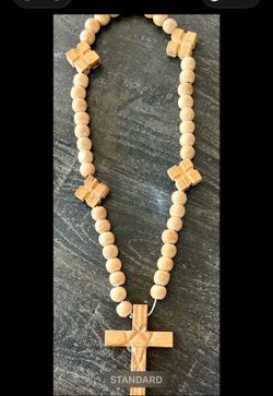 Handmade Natural Olive Wood Rosary Necklace with Carved Cross