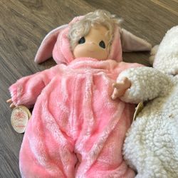 Three Precious Moment, Dolls, One Rabbit, One Sheep, And One Bear In Fair Condition